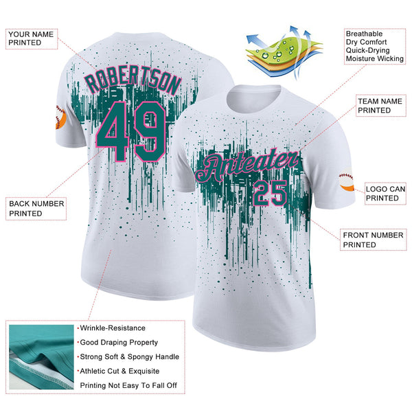 Custom White Teal-Pink Dripping Splatter Paint Performance T-Shirt alternate