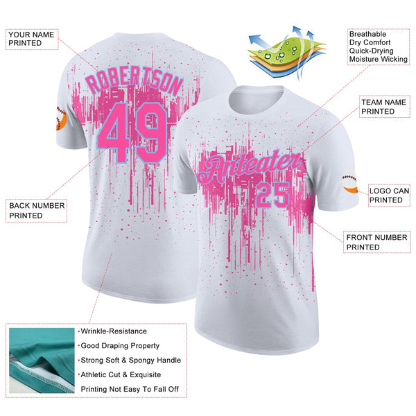 Custom White Pink-Light Blue Dripping Splatter Paint Performance T-Shirt alternate