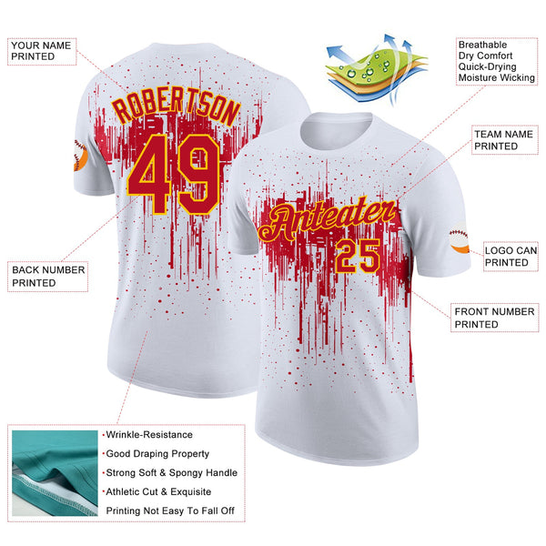 Custom White Red-Yellow Dripping Splatter Paint Performance T-Shirt alternate