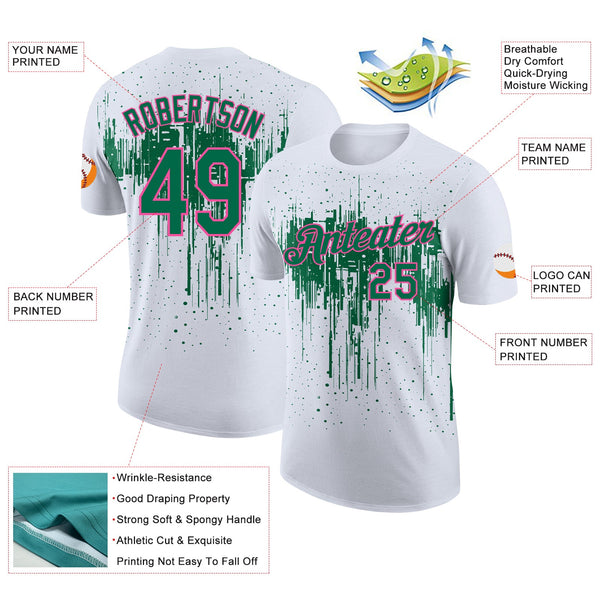 Custom White Kelly Green-Pink Dripping Splatter Paint Performance T-Shirt alternate