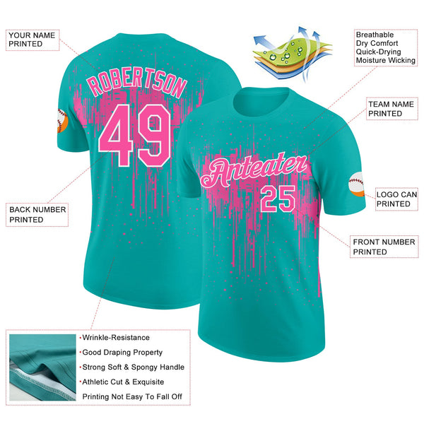 Custom Aqua Pink-White Dripping Splatter Paint Performance T-Shirt alternate