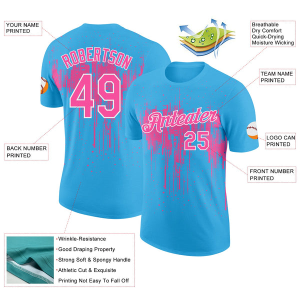 Custom Sky Blue Pink-White Dripping Splatter Paint Performance T-Shirt alternate