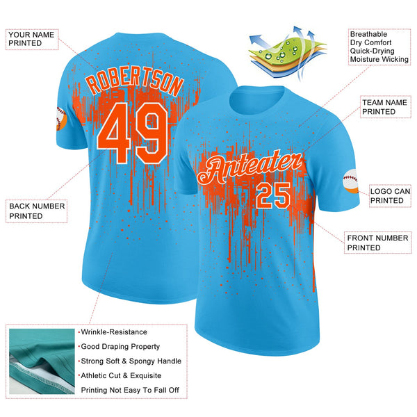 Custom Sky Blue Orange-White Dripping Splatter Paint Performance T-Shirt alternate