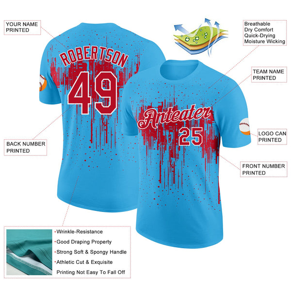Custom Sky Blue Red-White Dripping Splatter Paint Performance T-Shirt alternate