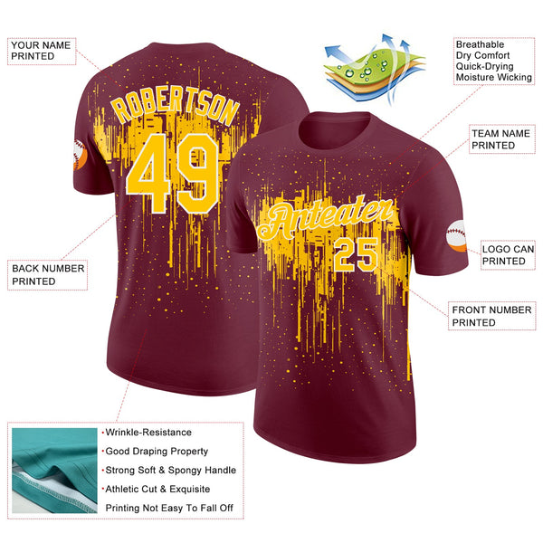 Custom Burgundy Yellow-White Dripping Splatter Paint Performance T-Shirt alternate