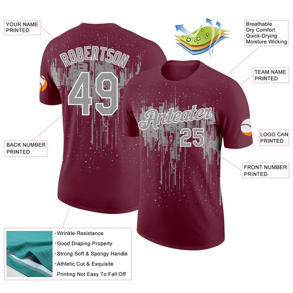 Custom Burgundy Gray-White Dripping Splatter Paint Performance T-Shirt alternate