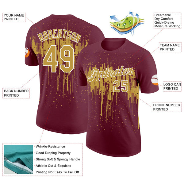 Custom Burgundy Old Gold-White Dripping Splatter Paint Performance T-Shirt alternate