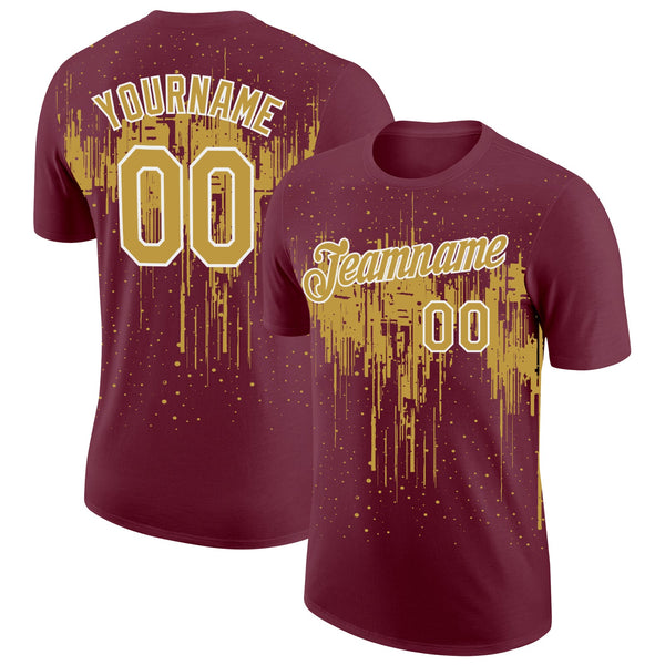 Custom Burgundy Old Gold-White Dripping Splatter Paint Performance T-Shirt