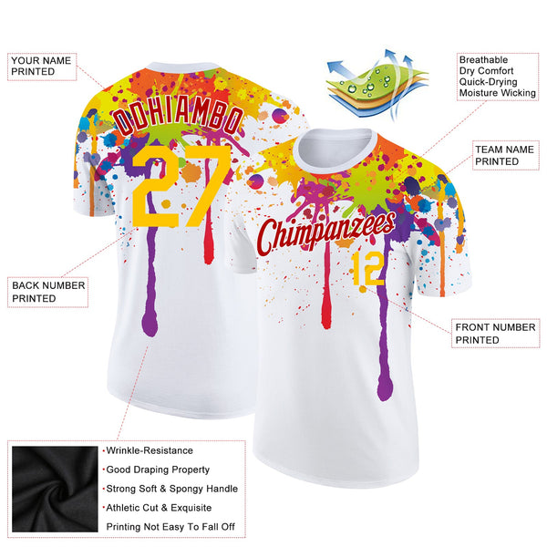Custom White Yellow-Red 3D Pattern Design Colorful Bright Ink Splashes Performance T-Shirt alternate