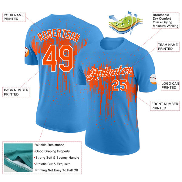 Custom Powder Blue Orange-White Dripping Splatter Paint Performance T-Shirt alternate
