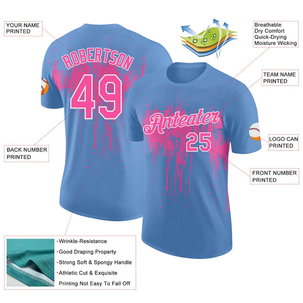 Custom Light Blue Pink-White Dripping Splatter Paint Performance T-Shirt alternate
