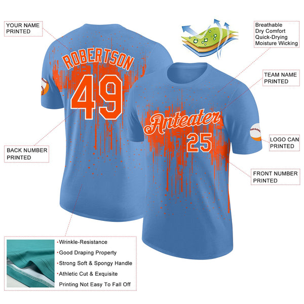 Custom Light Blue Orange-White Dripping Splatter Paint Performance T-Shirt alternate