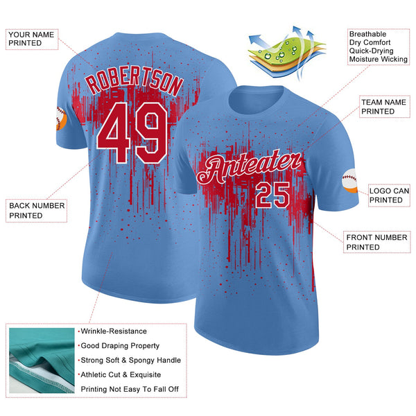 Custom Light Blue Red-White Dripping Splatter Paint Performance T-Shirt alternate