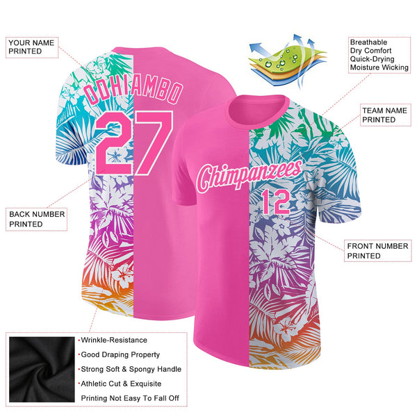 Custom Pink White 3D Pattern Design Tropical Palm Leaves Performance T-Shirt alternate