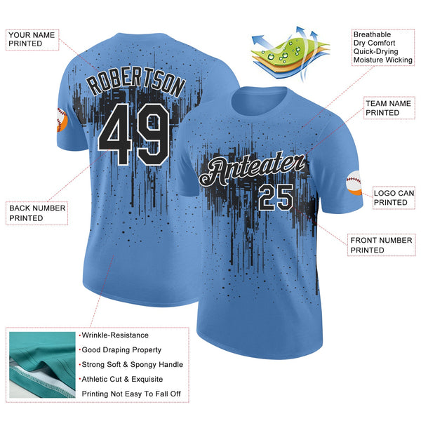 Custom Light Blue Black-White Dripping Splatter Paint Performance T-Shirt alternate