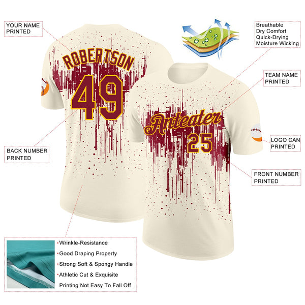 Custom Cream Crimson-Yellow Dripping Splatter Paint Performance T-Shirt alternate