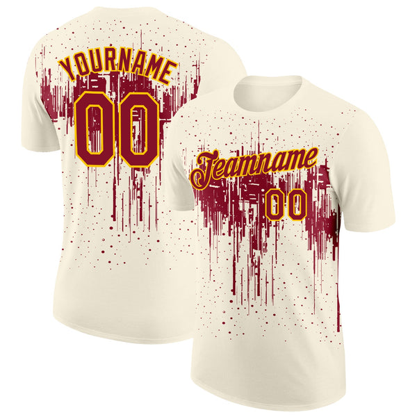 Custom Cream Crimson-Yellow Dripping Splatter Paint Performance T-Shirt