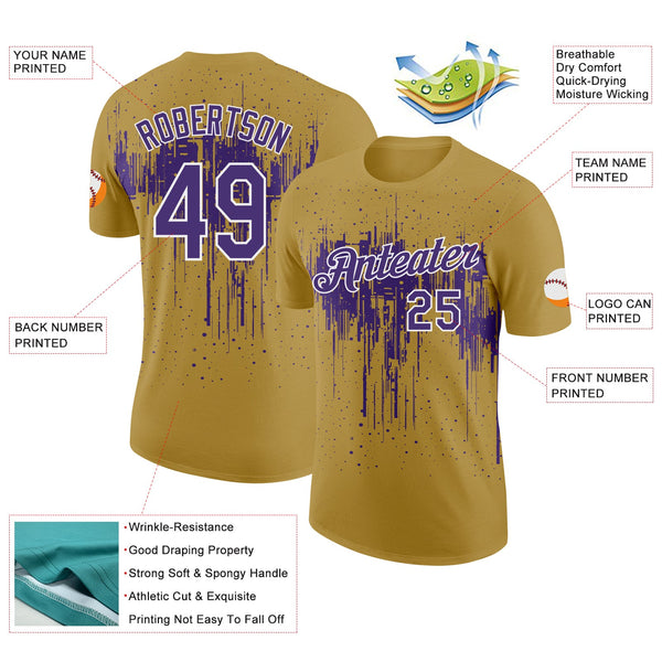 Custom Old Gold Purple-White Dripping Splatter Paint Performance T-Shirt alternate