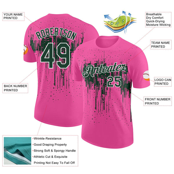Custom Pink Green-White Dripping Splatter Paint Performance T-Shirt alternate
