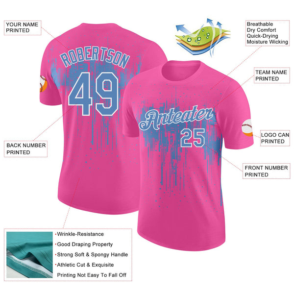 Custom Pink Light Blue-White Dripping Splatter Paint Performance T-Shirt alternate