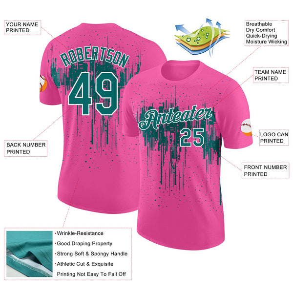Custom Pink Teal-White Dripping Splatter Paint Performance T-Shirt alternate