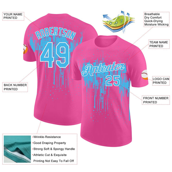 Custom Pink Sky Blue-White Dripping Splatter Paint Performance T-Shirt alternate