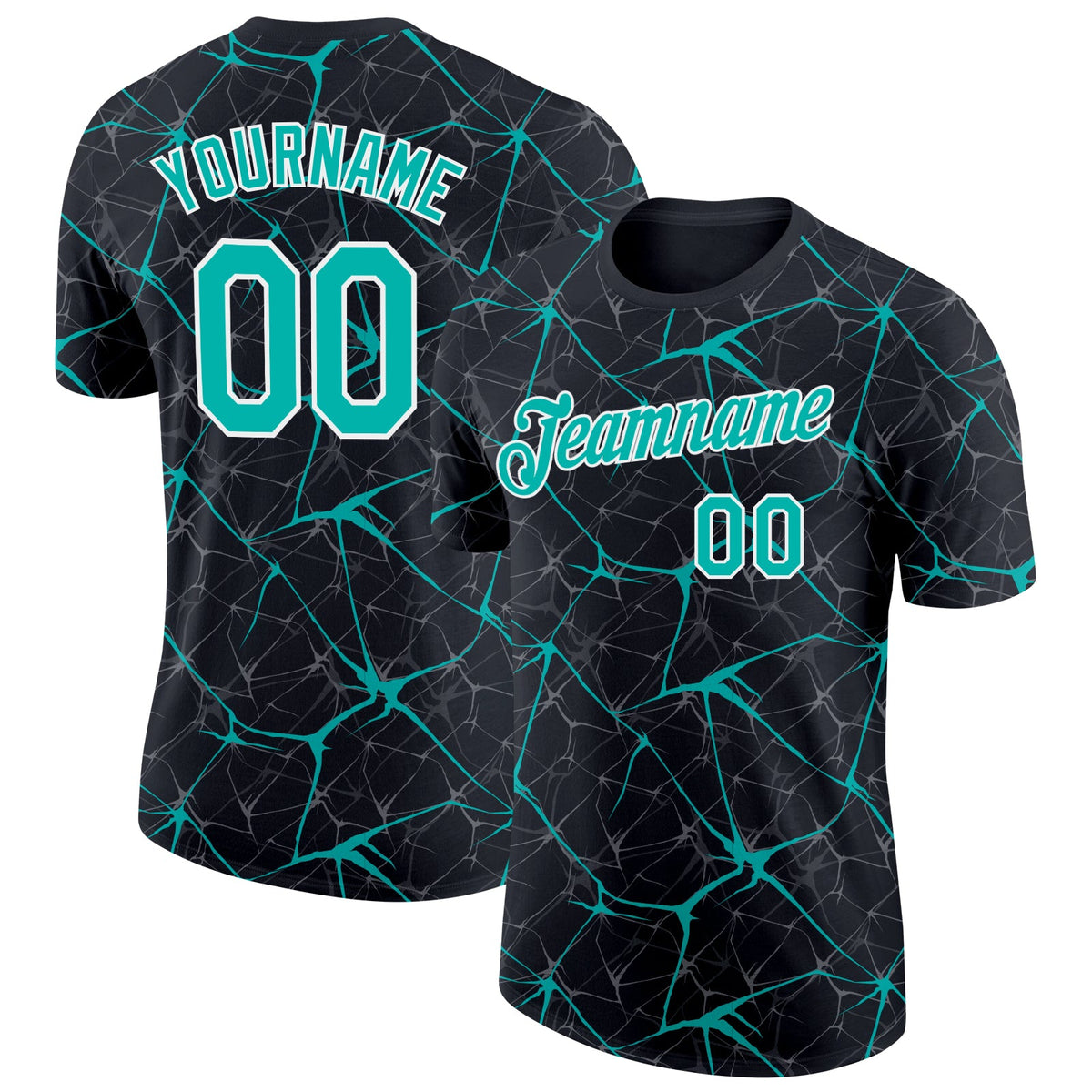 Custom Black Aqua Gray-White Abstract Network Crackle Performance T-Shirt