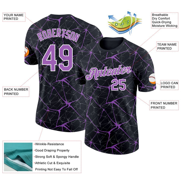 Custom Black Medium Purple Gray-White Abstract Network Crackle Performance T-Shirt alternate