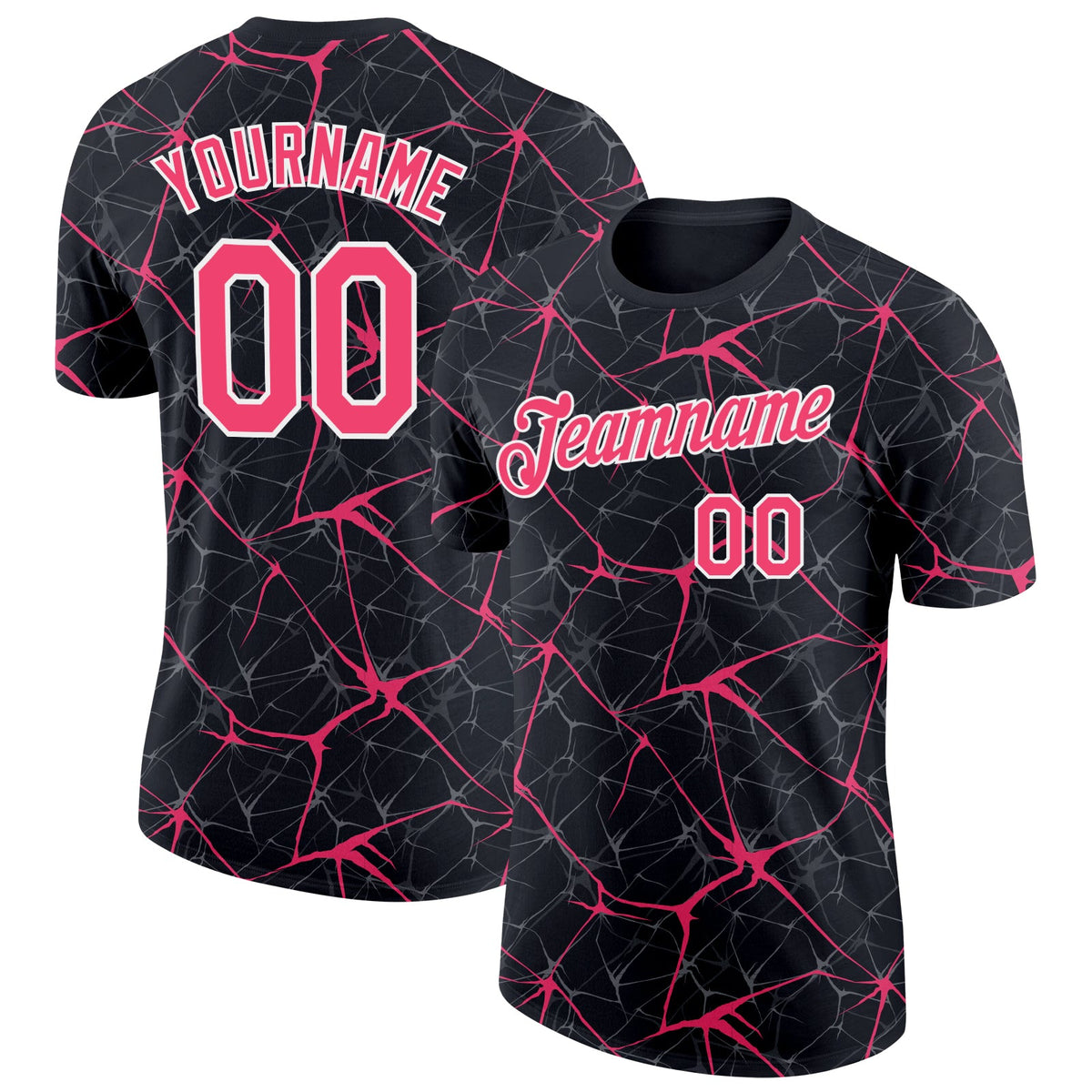 Custom Black Neon Pink Gray-White Abstract Network Crackle Performance T-Shirt
