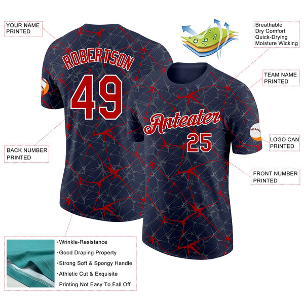 Custom Navy Red Gray-White Abstract Network Crackle Performance T-Shirt alternate