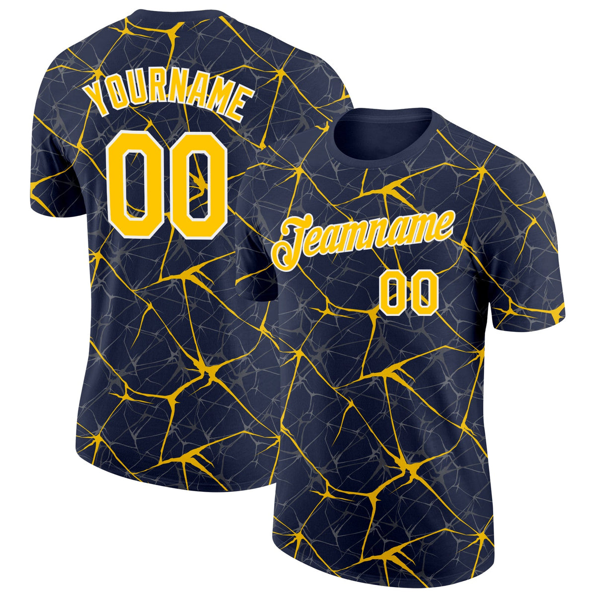Custom Navy Yellow Gray-White Abstract Network Crackle Performance T-Shirt