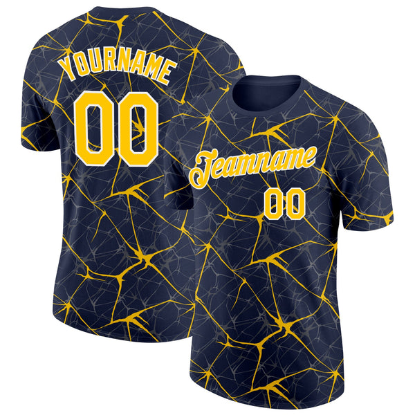Custom Navy Yellow Gray-White Abstract Network Crackle Performance T-Shirt