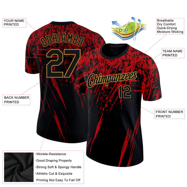 Custom Black Red-Old Gold 3D Pattern Design Performance T-Shirt alternate