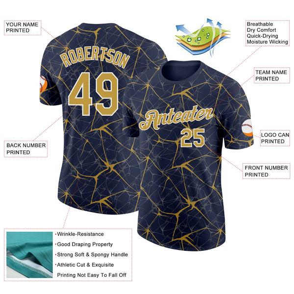 Custom Navy Old Gold Gray-White Abstract Network Crackle Performance T-Shirt alternate