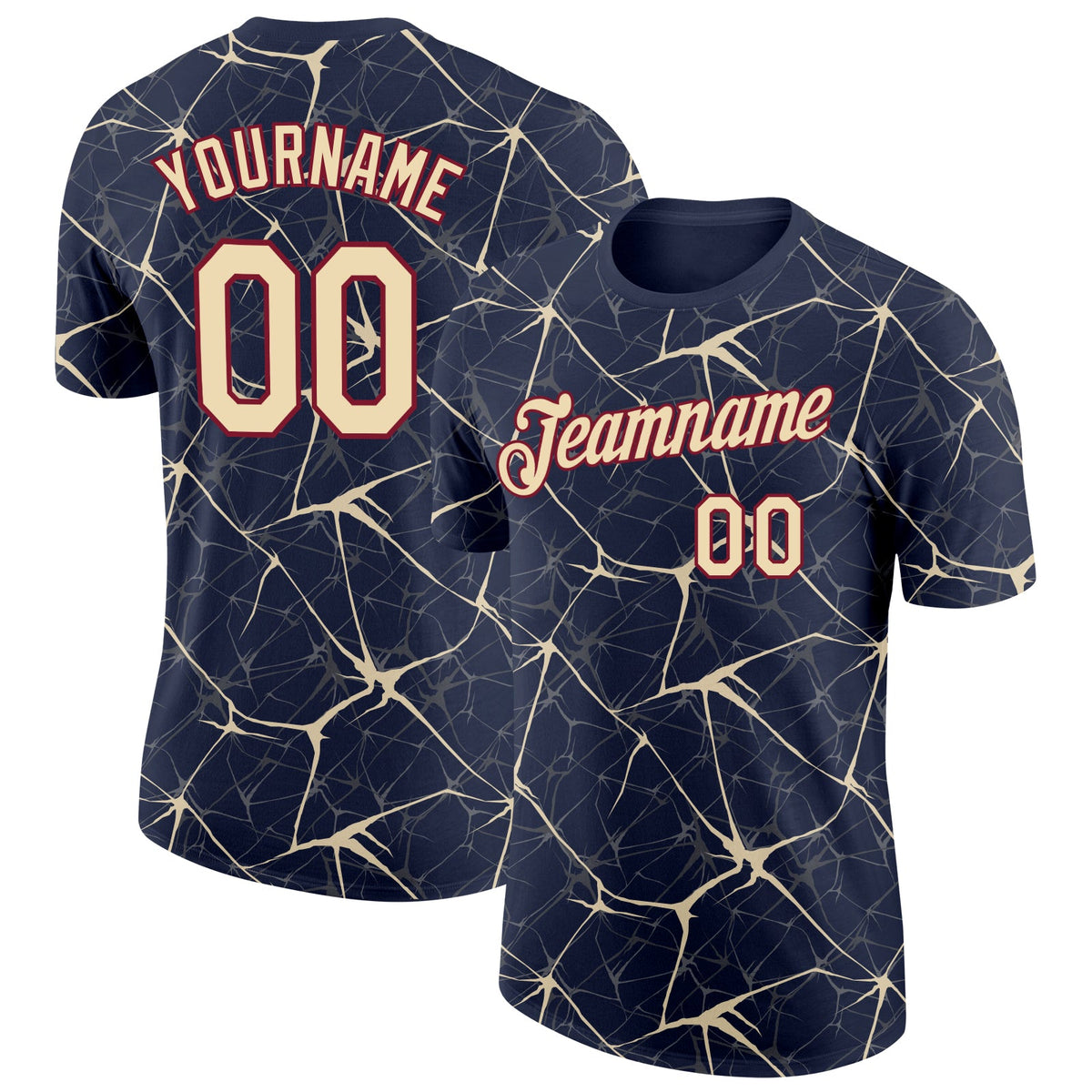 Custom Navy Cream Gray-Crimson Abstract Network Crackle Performance T-Shirt