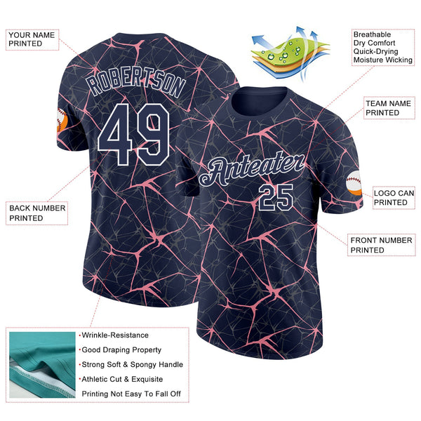 Custom Navy Medium Pink Gray-White Abstract Network Crackle Performance T-Shirt alternate