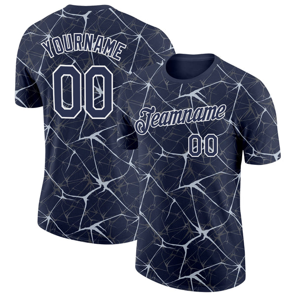 Custom Navy Silver Gray-White Abstract Network Crackle Performance T-Shirt