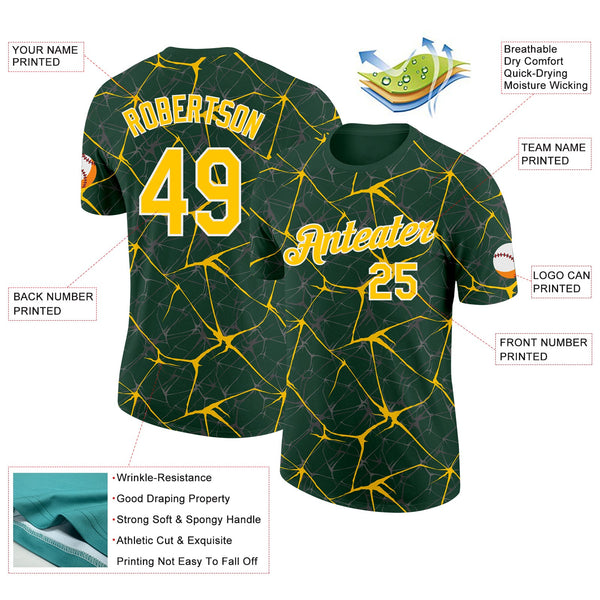 Custom Green Yellow Gray-White Abstract Network Crackle Performance T-Shirt alternate