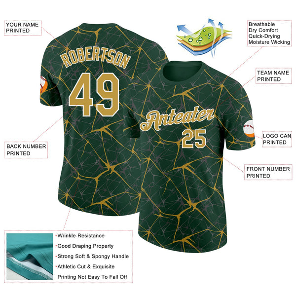 Custom Green Old Gold Gray-White Abstract Network Crackle Performance T-Shirt alternate