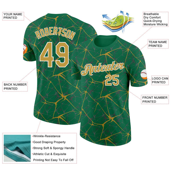Custom Kelly Green Old Gold Gray-White Abstract Network Crackle Performance T-Shirt alternate