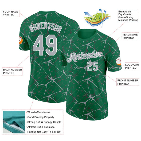 Custom Kelly Green Gray-White Abstract Network Crackle Performance T-Shirt alternate