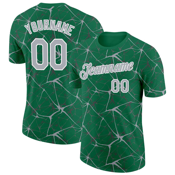 Custom Kelly Green Gray-White Abstract Network Crackle Performance T-Shirt