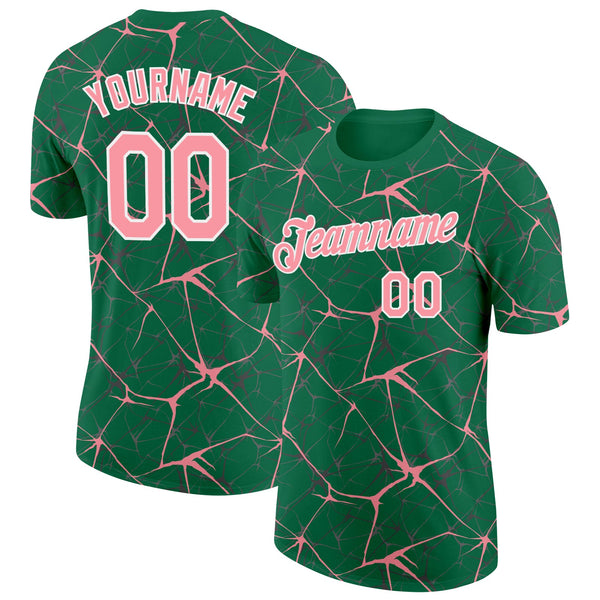 Custom Kelly Green Medium Pink Gray-White Abstract Network Crackle Performance T-Shirt