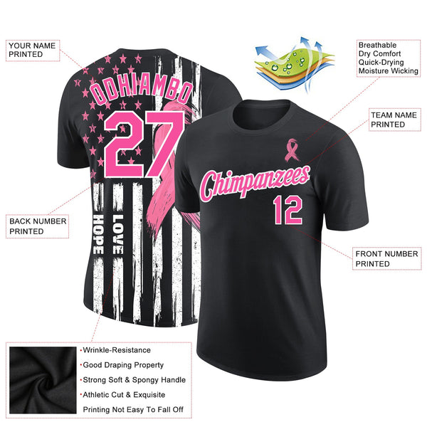 Custom Black Pink-White 3D Pattern Design American Flag With Pink Ribbon Breast Cancer Awareness Month Women Health Care Support Performance T-Shirt alternate
