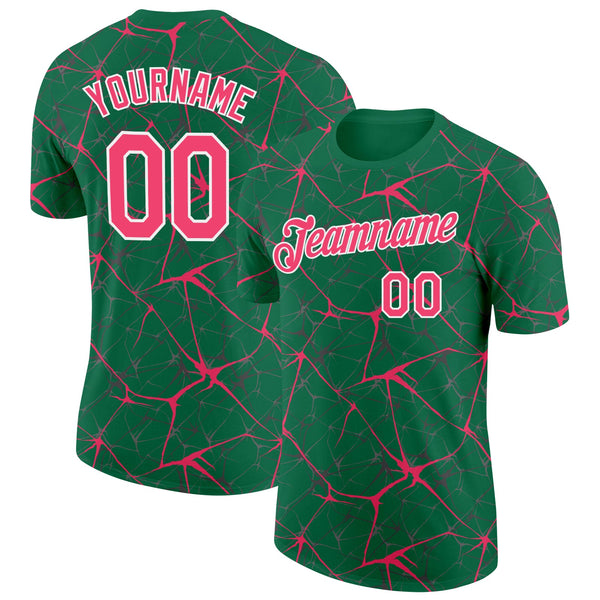 Custom Kelly Green Neon Pink Gray-White Abstract Network Crackle Performance T-Shirt