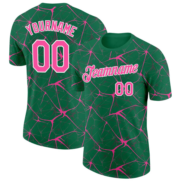 Custom Kelly Green Pink Gray-White Abstract Network Crackle Performance T-Shirt