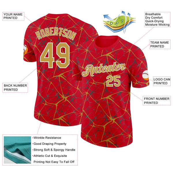 Custom Red Old Gold Gray-White Abstract Network Crackle Performance T-Shirt alternate