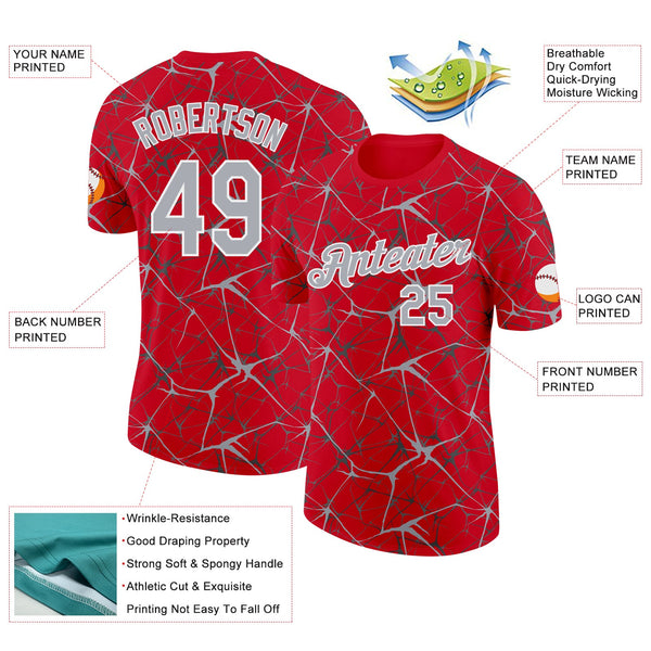 Custom Red Gray-White Abstract Network Crackle Performance T-Shirt alternate