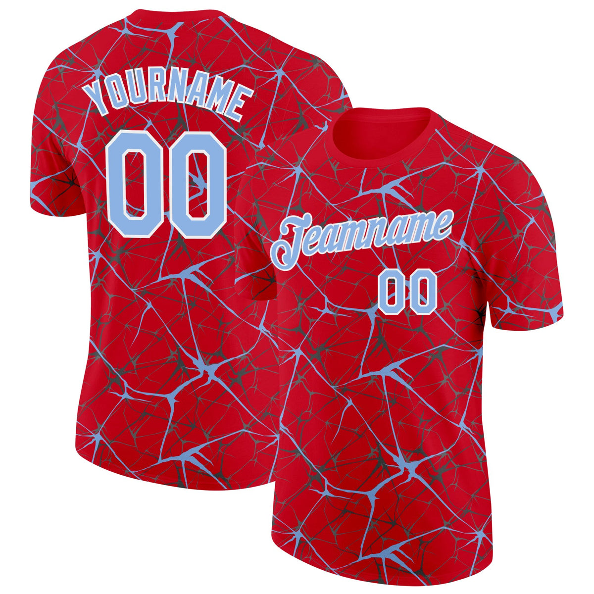 Custom Red Light Blue Gray-White Abstract Network Crackle Performance T-Shirt