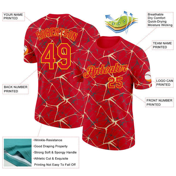 Custom Red Cream Gray-Yellow Abstract Network Crackle Performance T-Shirt alternate